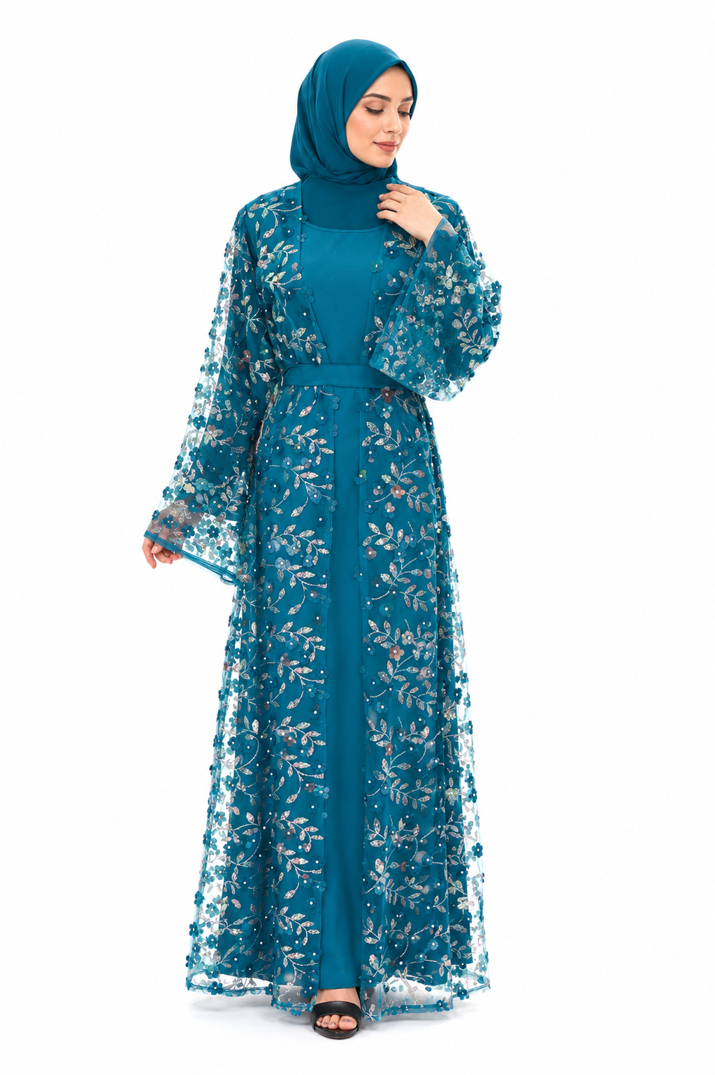 Luxury Floral Embroidered Open Abaya Set