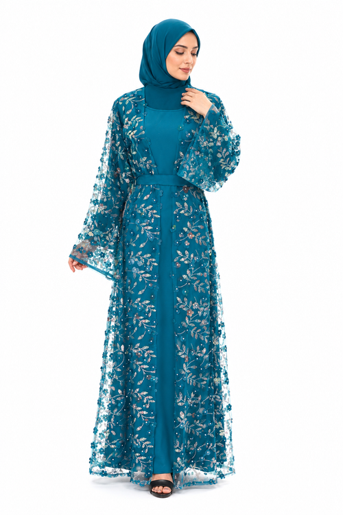 Luxury Floral Embroidered Open Abaya Set
