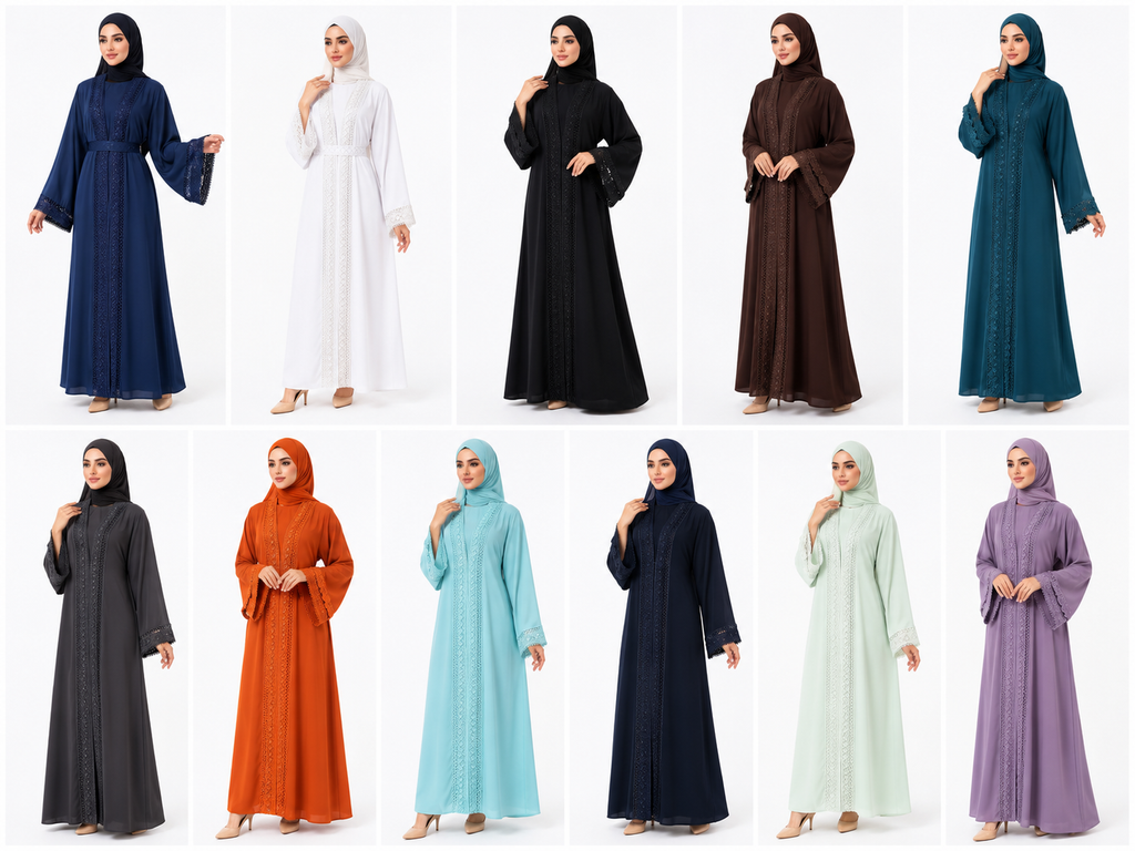 Elegant Lace Detail Open Abaya with Inner Dress & Belt