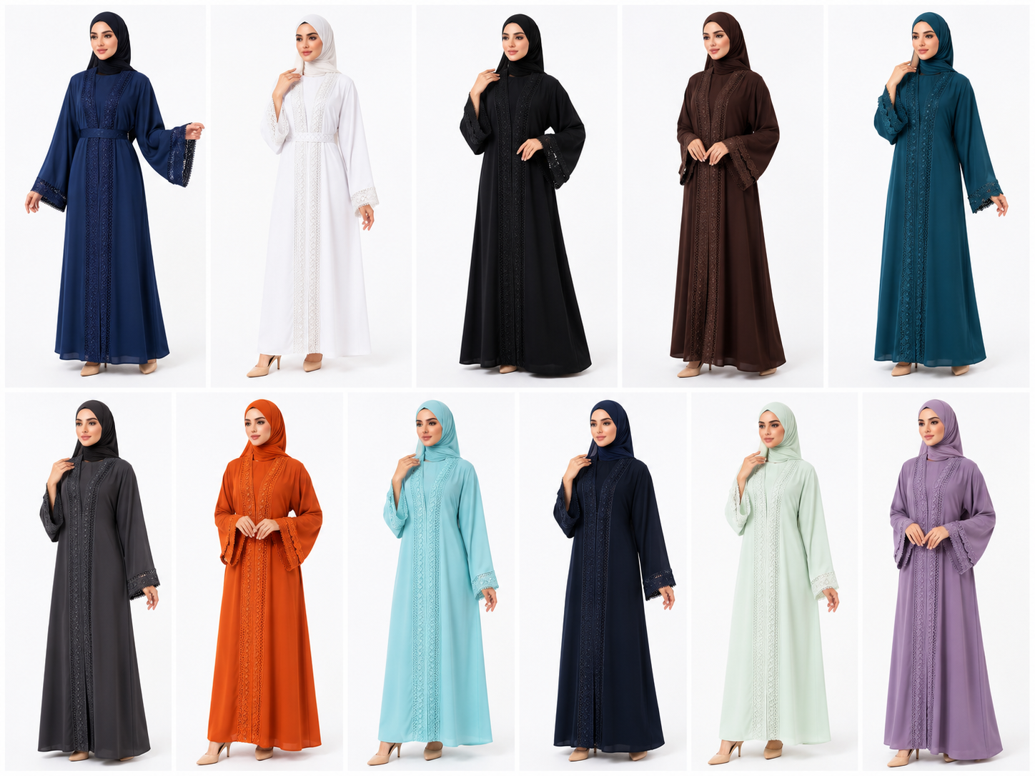 Elegant Lace Detail Open Abaya with Inner Dress & Belt