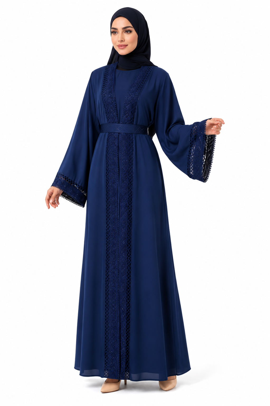 Elegant Lace Detail Open Abaya with Inner Dress & Belt