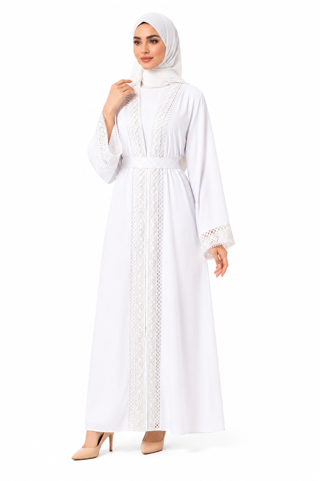 Elegant Lace Detail Open Abaya with Inner Dress & Belt