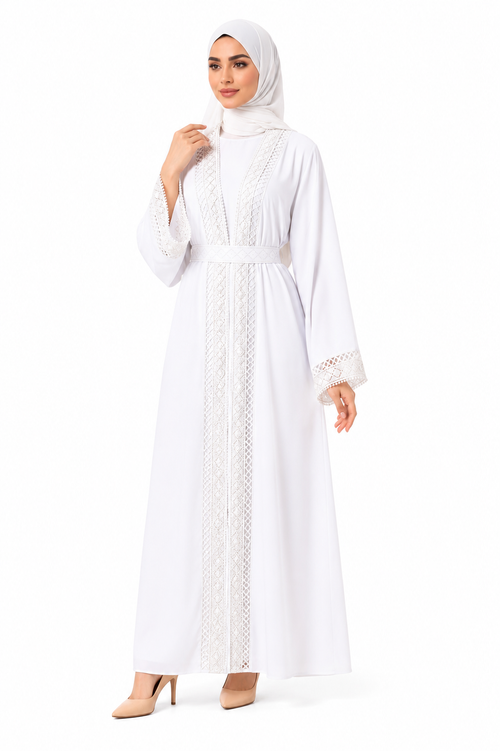 Elegant Lace Detail Open Abaya with Inner Dress & Belt