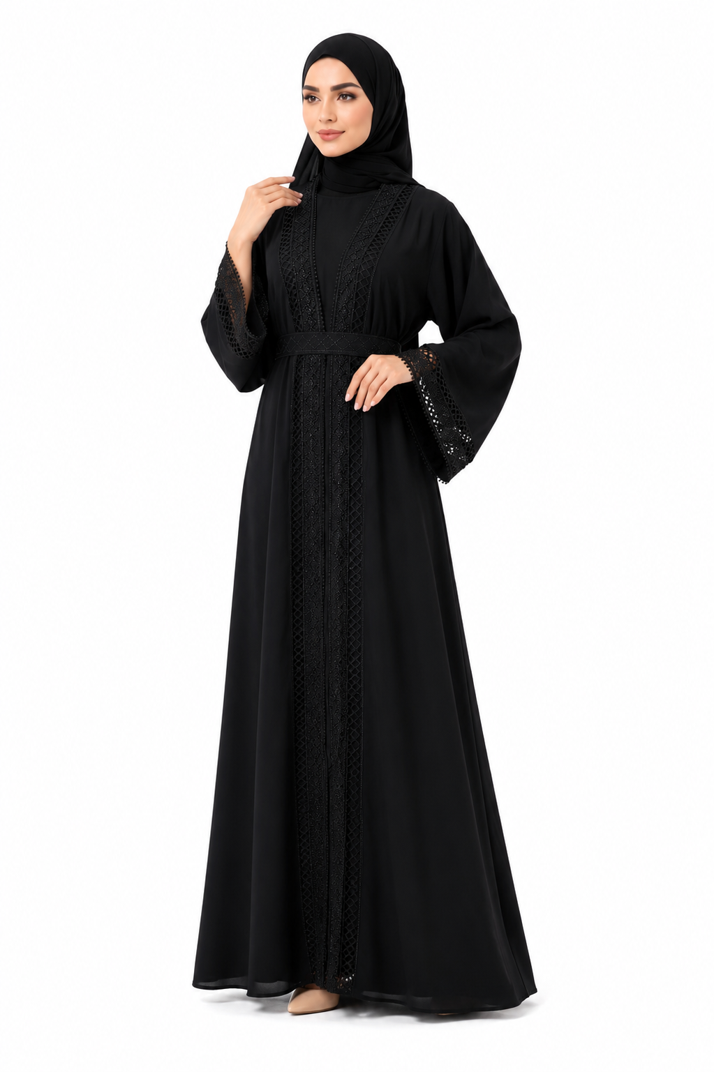 Elegant Lace Detail Open Abaya with Inner Dress & Belt