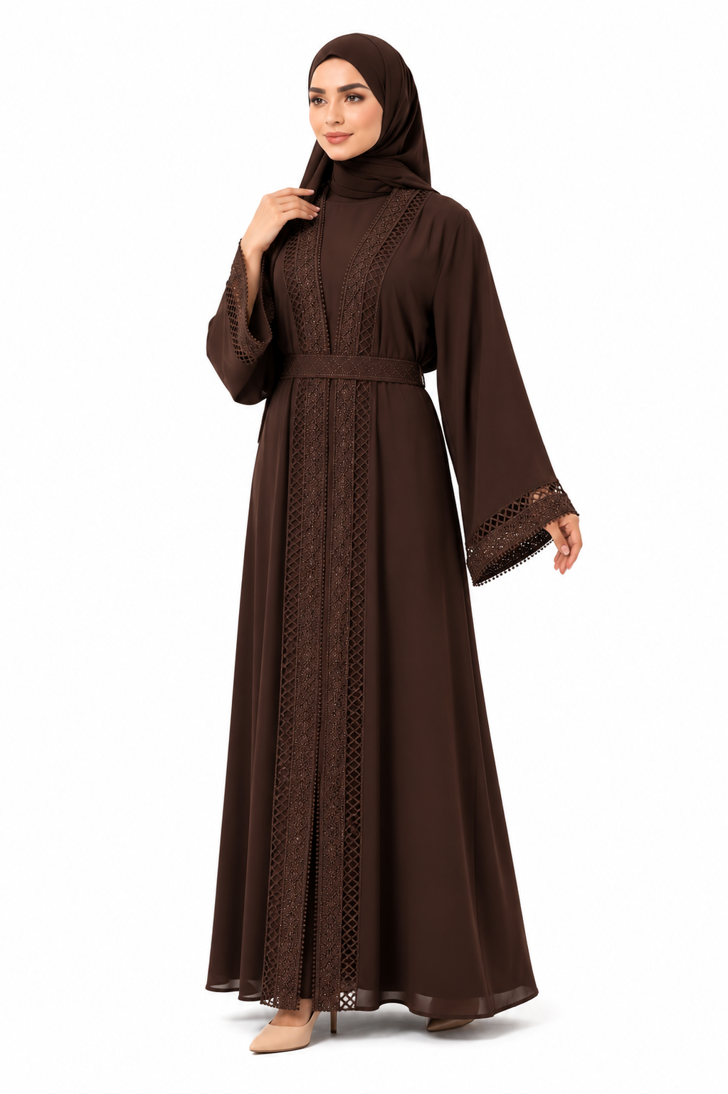 Elegant Lace Detail Open Abaya with Inner Dress & Belt