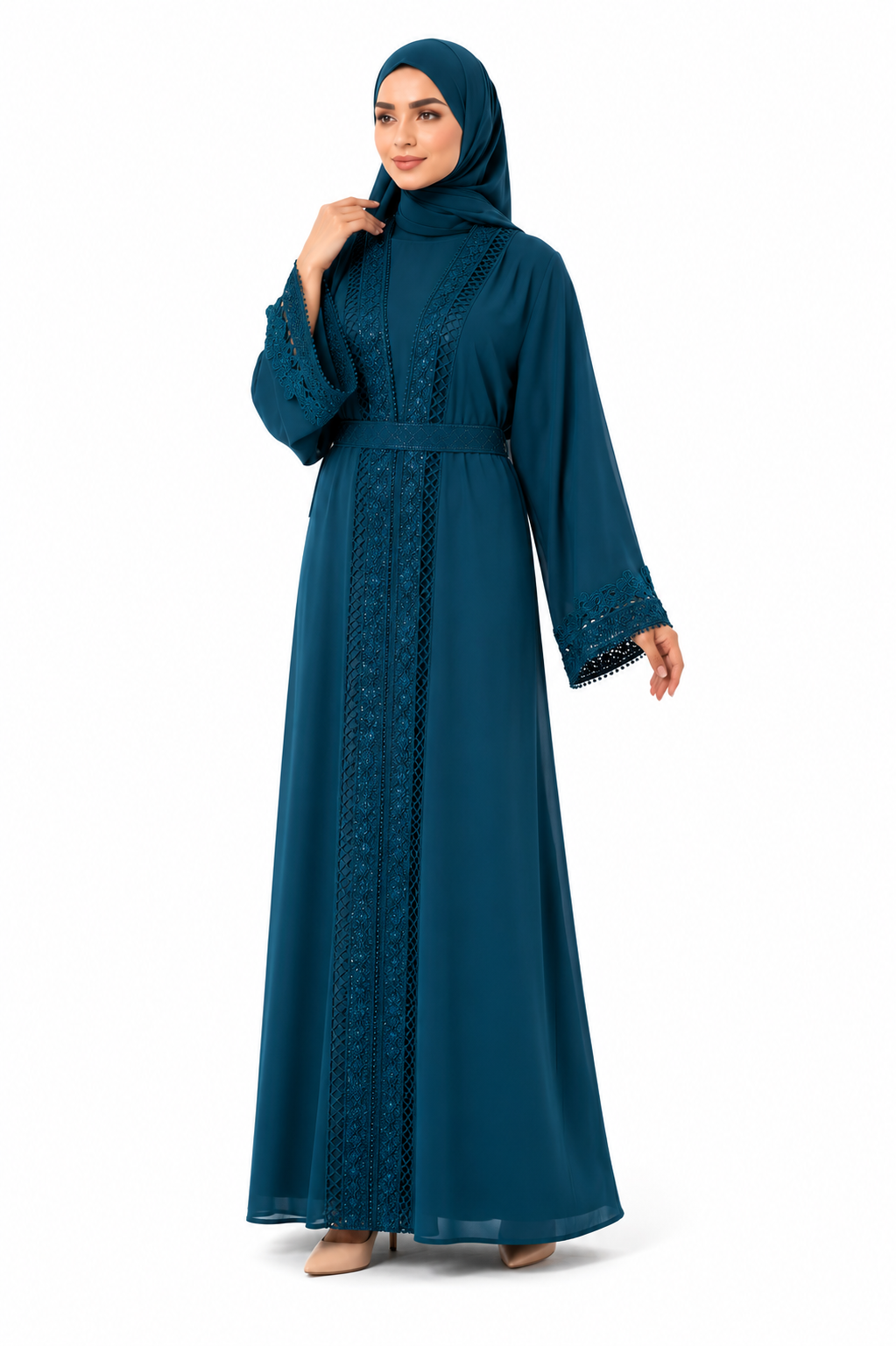 Elegant Lace Detail Open Abaya with Inner Dress & Belt