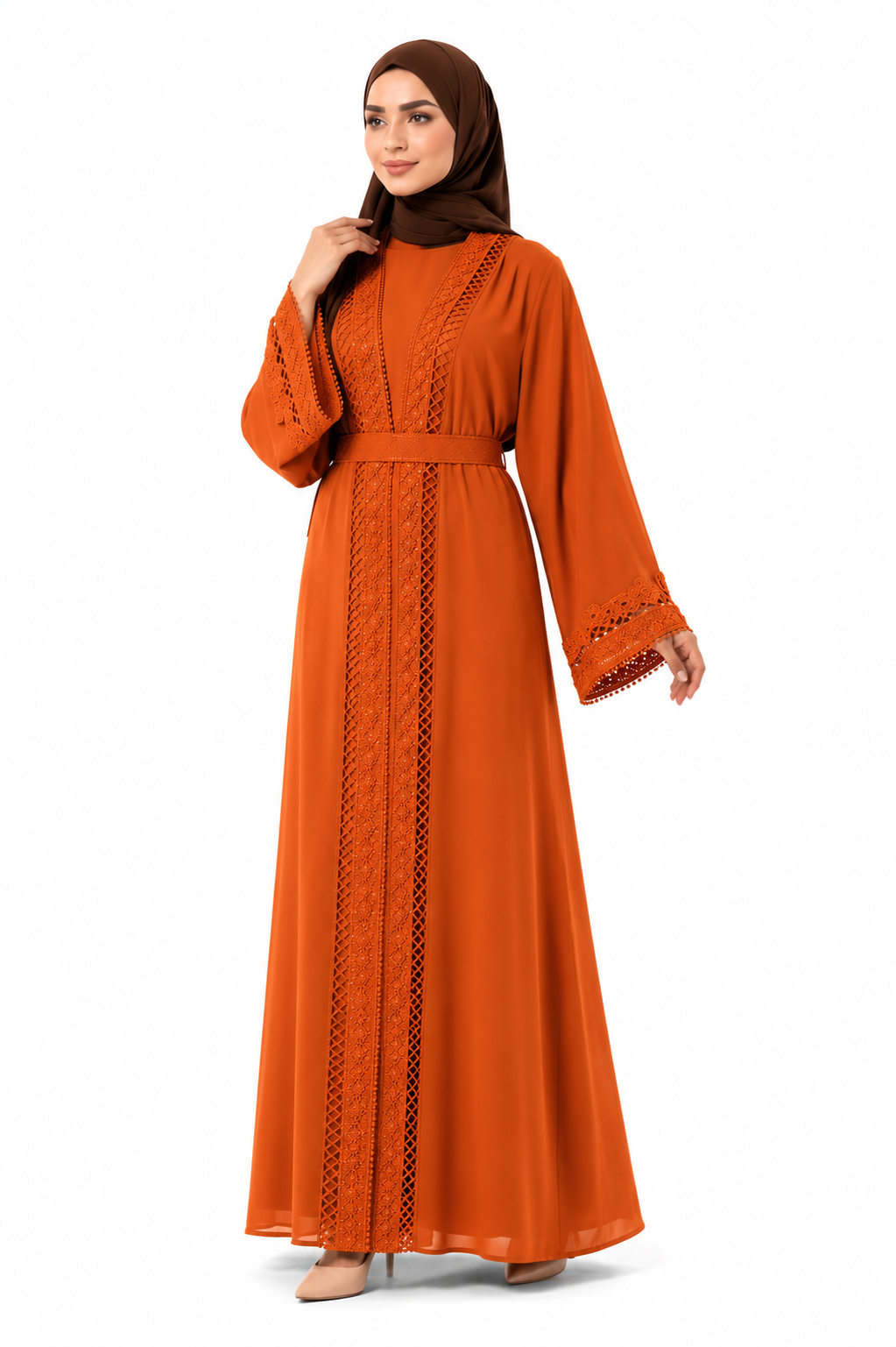 Elegant Lace Detail Open Abaya with Inner Dress & Belt