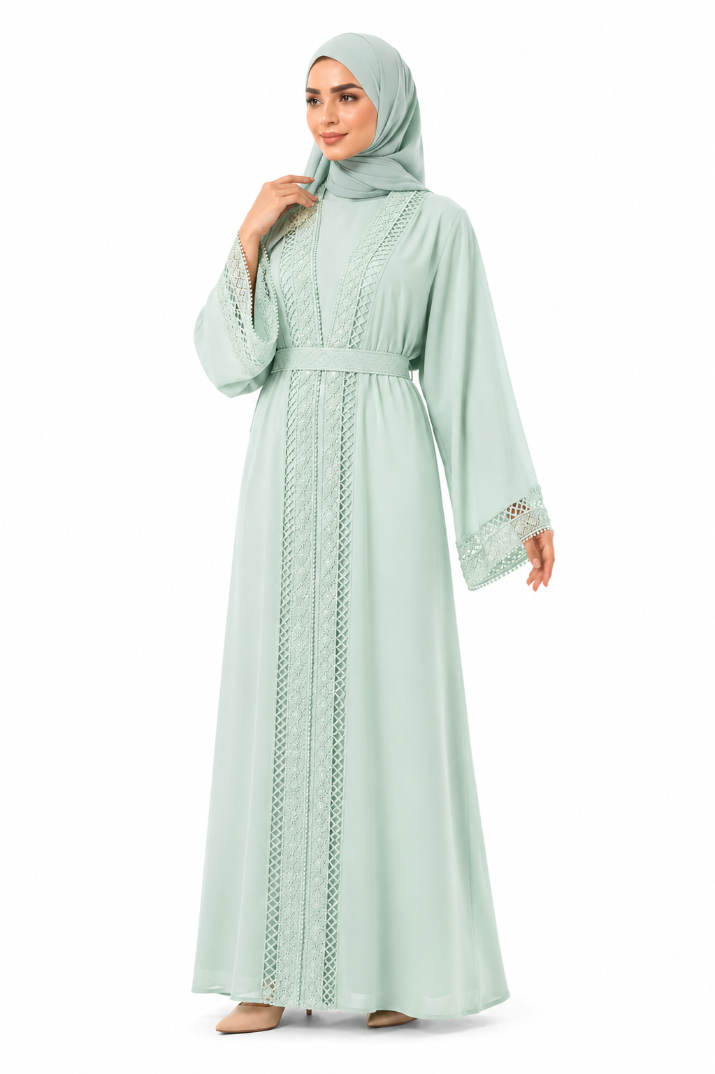 Elegant Lace Detail Open Abaya with Inner Dress & Belt