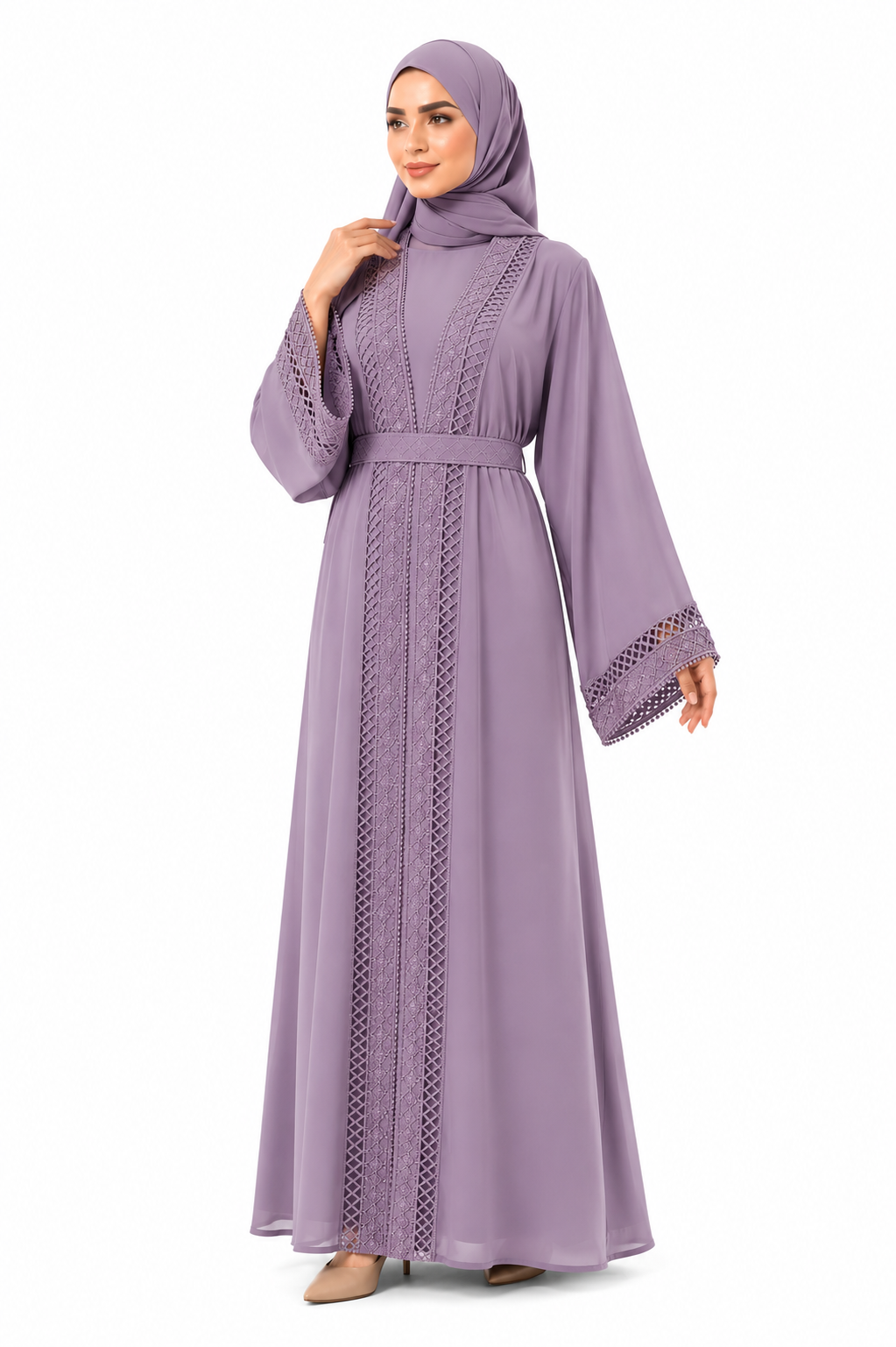 Elegant Lace Detail Open Abaya with Inner Dress & Belt