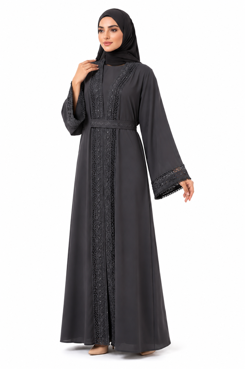 Elegant Lace Detail Open Abaya with Inner Dress & Belt