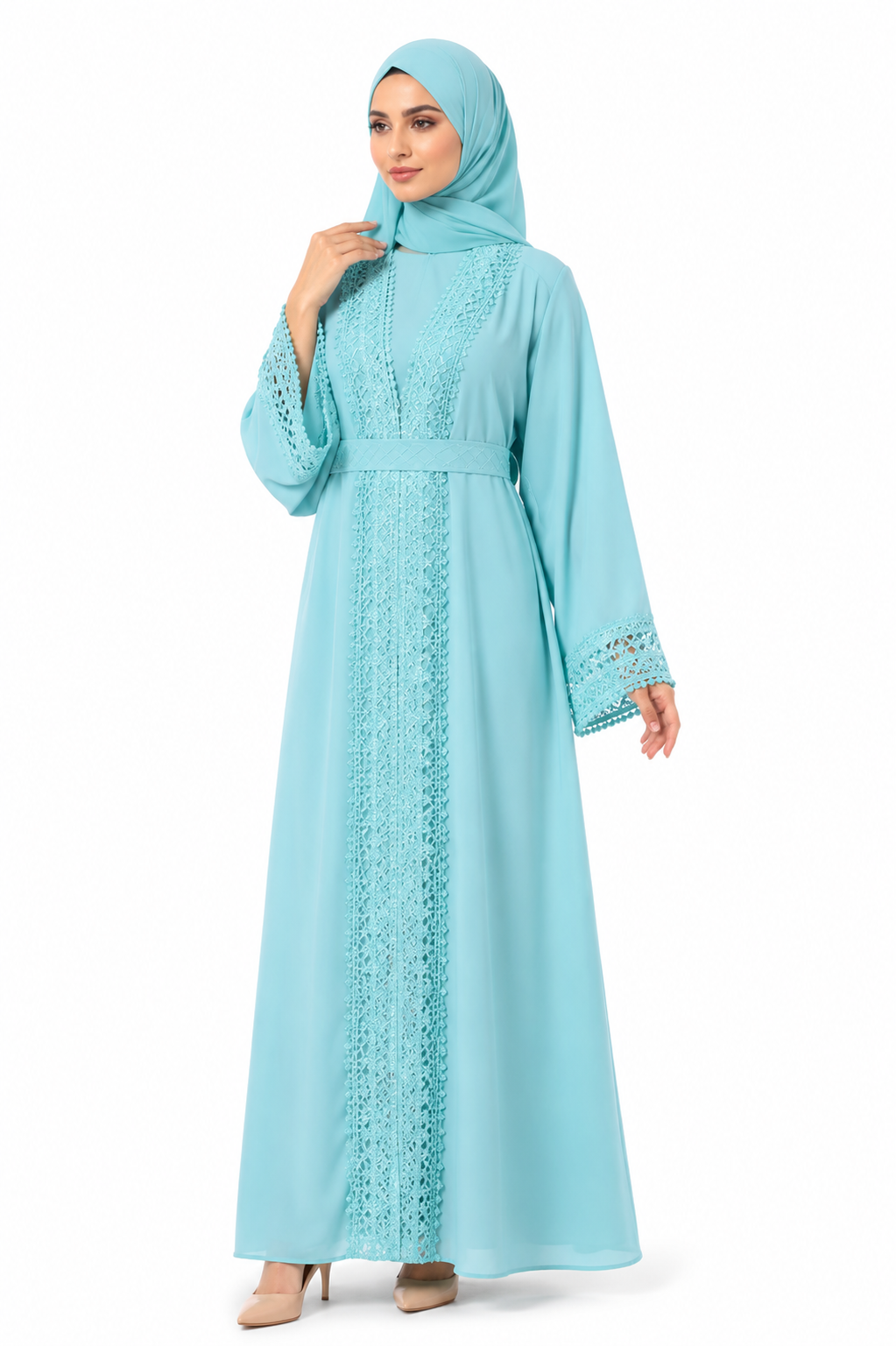 Elegant Lace Detail Open Abaya with Inner Dress & Belt