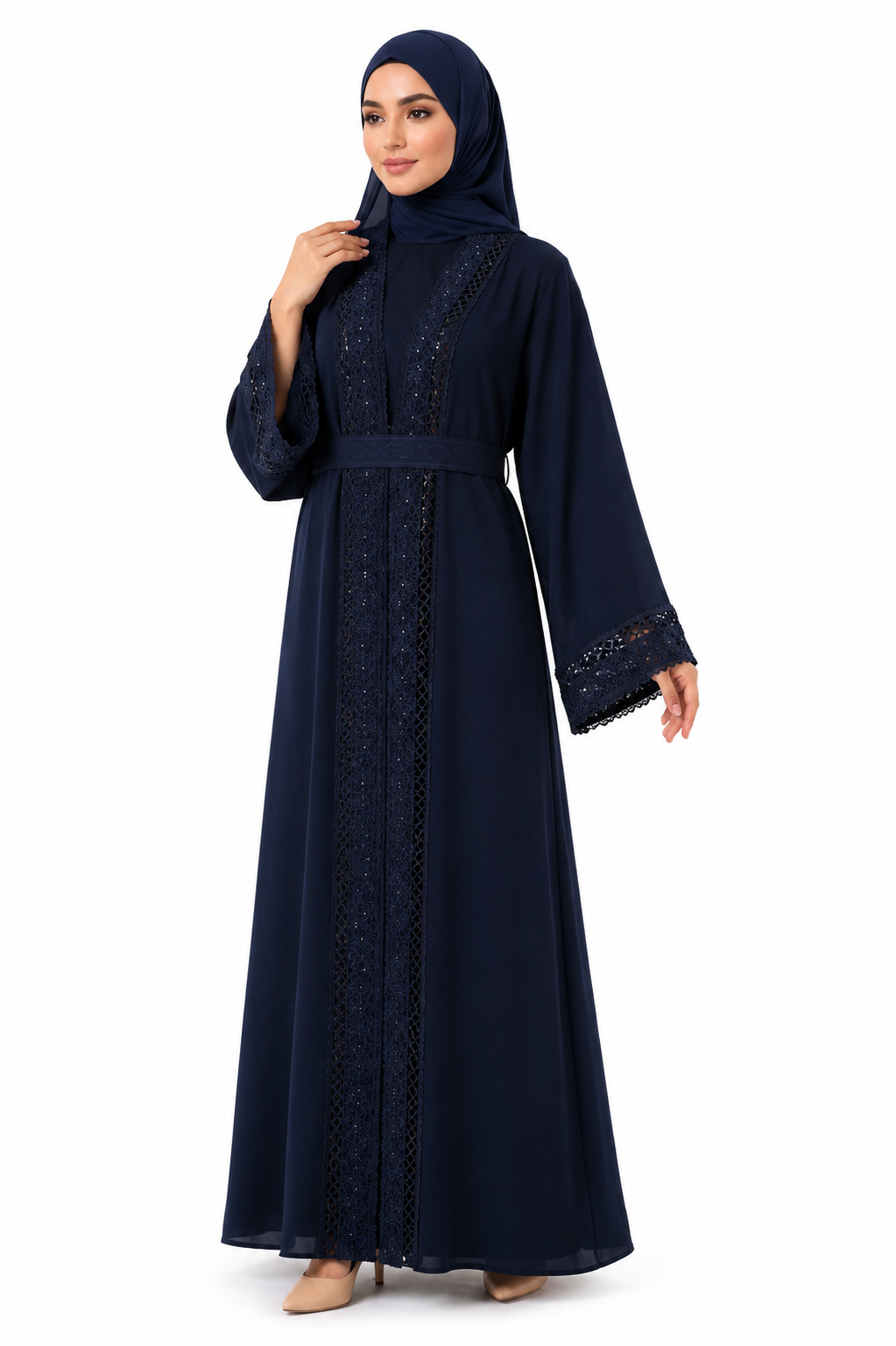 Elegant Lace Detail Open Abaya with Inner Dress & Belt