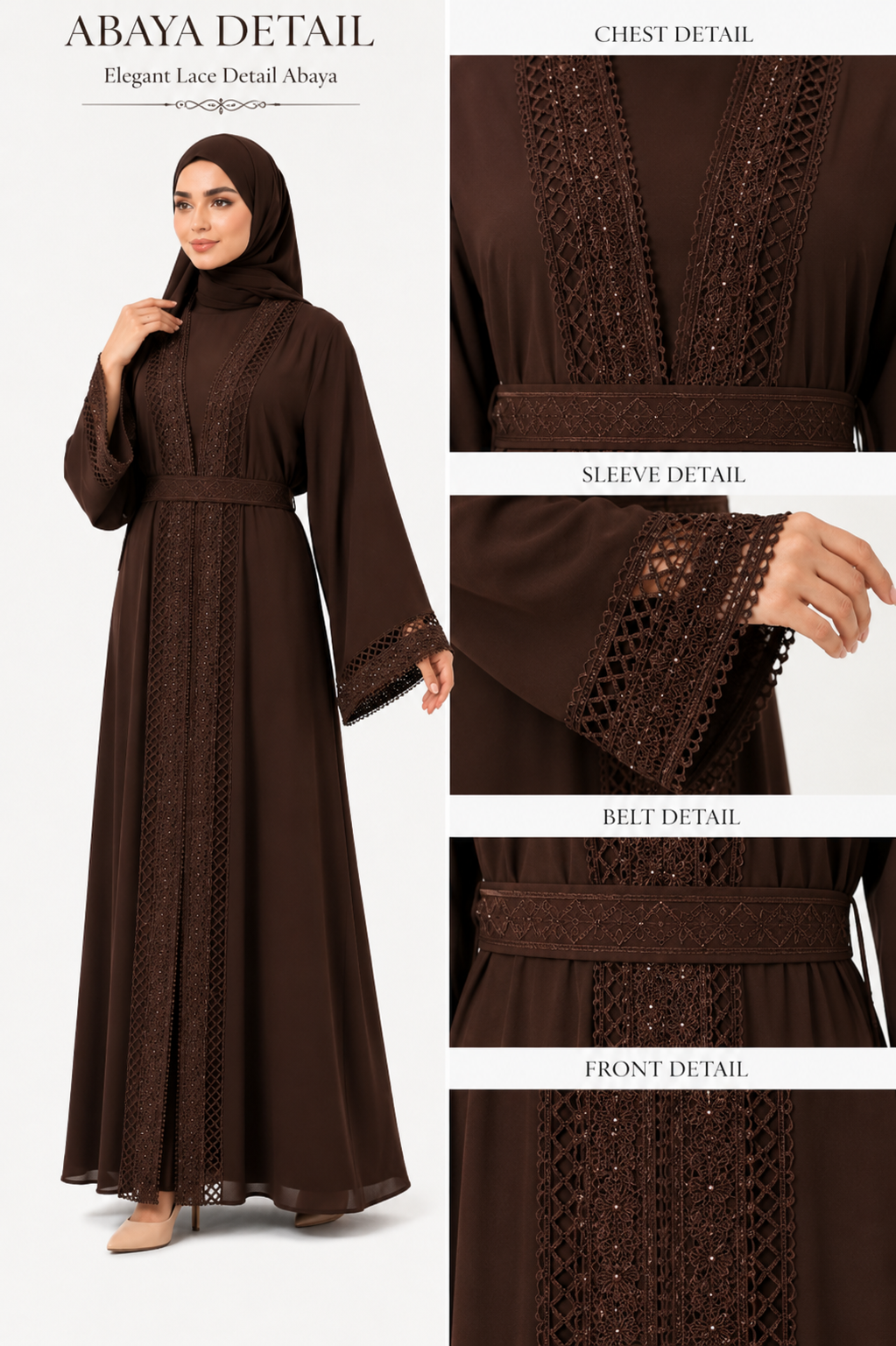 Elegant Lace Detail Open Abaya with Inner Dress & Belt